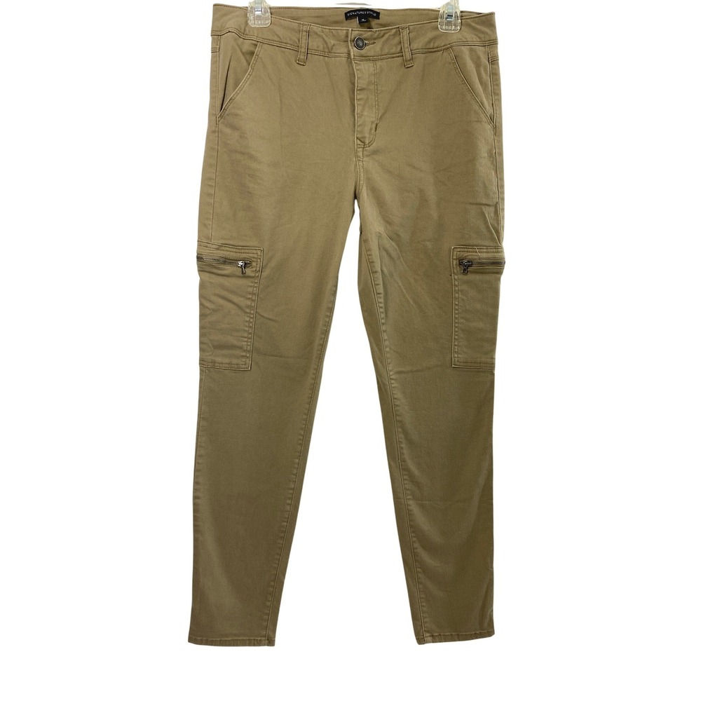 Signature Studio Cargo Pants Women 12 Khaki Tan Skinny Utility Stretch‎ Trousers